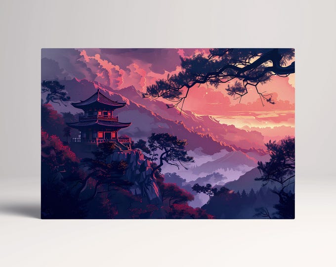 Japanese Red Mountain Sunset Wall Art Eco Leather Home Decor Canvas Print, Made in Italy!