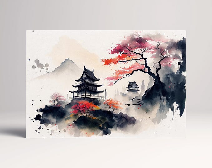 Japan Mountain Landscape Pagoda Sakura Artwork Eco Leather Print Canvas Print Ready to Hang, Made in Italy!