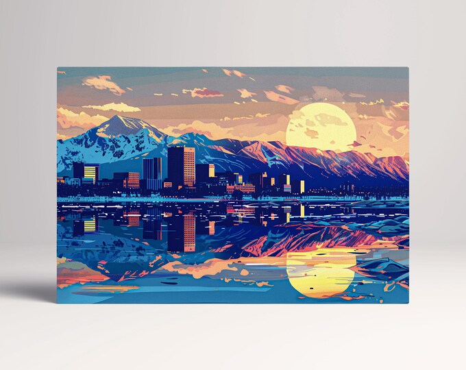 Anchorage, Alaska Dawn Retro Game Style Cityscape Wall Art Eco Leather Home Decor Canvas Print, Made in Italy!