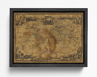 Italian Script Old Globe Vintage World Map Canvas Wall Art Vegan Leather Print