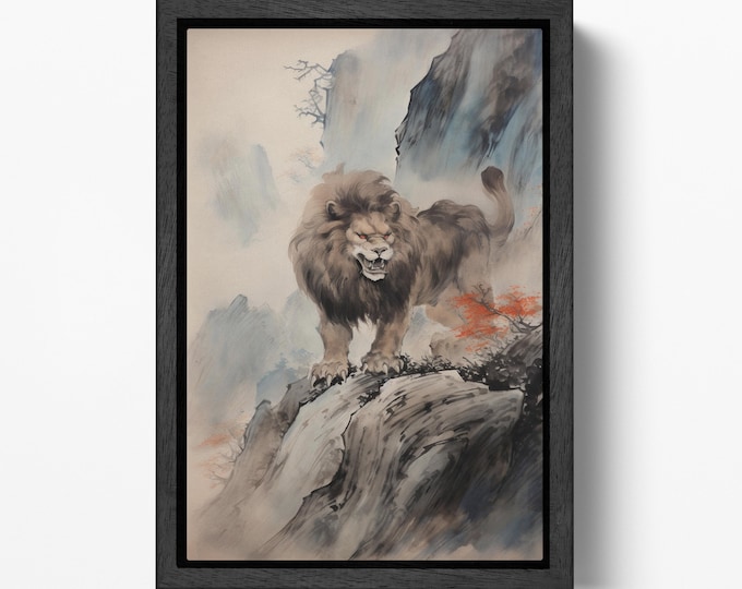 Fierce Mountain Lion Wall Asian Watercolor Wall Art Eco Leather Canvas Wall Decor Print, Made in Italy!
