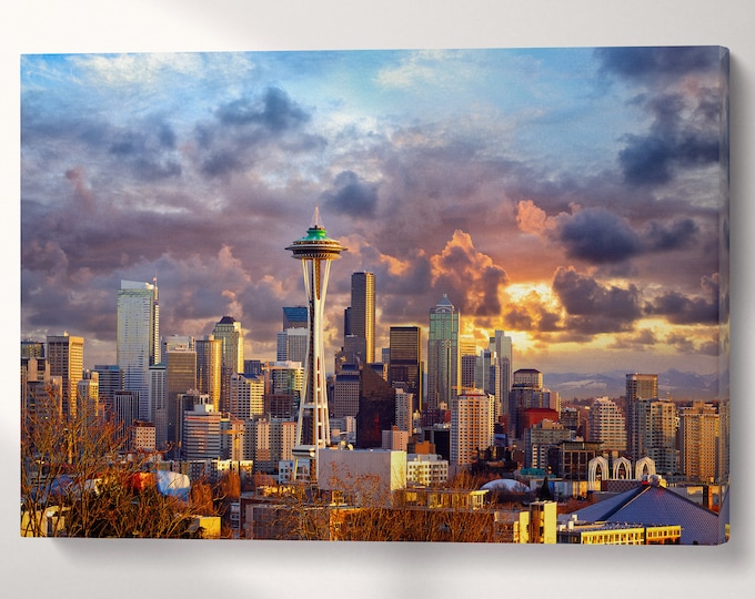 Seattle Skyline at Sunset Washington USA Canvas Eco Leather Print, Made in Italy!