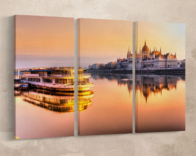 Budapest Parliament at Sunrise Leather Print/Danube River/Budapest Large Print/Budapest Wall Art/Triptych/Made in Italy/Better than Canvas!