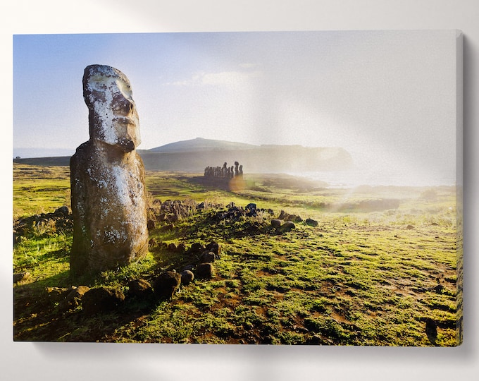 Standing Moai Rapa Nui Easter Island Wall Decor Canvas Eco Leather Print, Made in Italy!