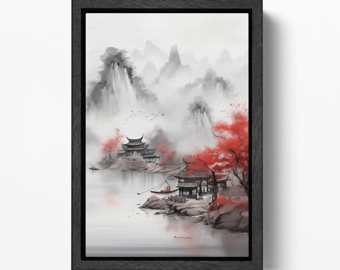 Chinese Lake and Mountain Landscape with Pagoda and Red Trees Canvas Wall Art Eco Leather Print, Made in Italy!