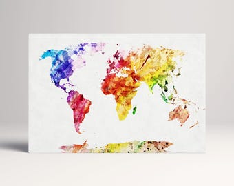 Watercolor World Map PETA Approved Eco Leather Canvas Multi Panel Kids Wall Art