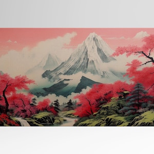 Paesaggio Maestoso in Rosa: Montagne e Foresta di Ciliegi Stampa da Arredo su Tessuto Ecopelle Made in Italy