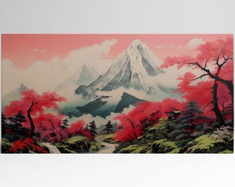 Pink Cherry Blossom Mountain Eco Leather Art Print