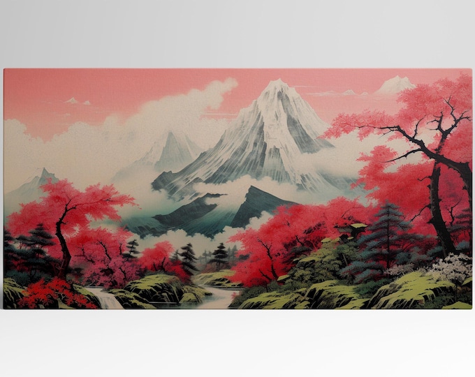 Majestic Pink Landscape: Mountain and Cherry Blossom Forest Wall Art Print