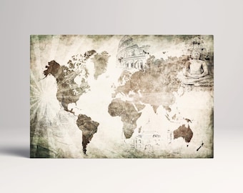 Vintage World Map Travel Gift PETA Approved Eco Leather Multi Panel Wall Art