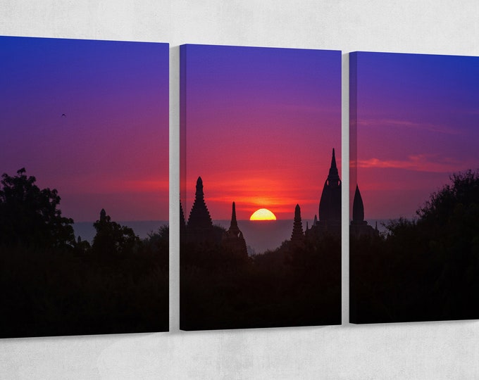 Purple Sky Sunset in Bagan, Myanmar Framed Canvas Leather Print