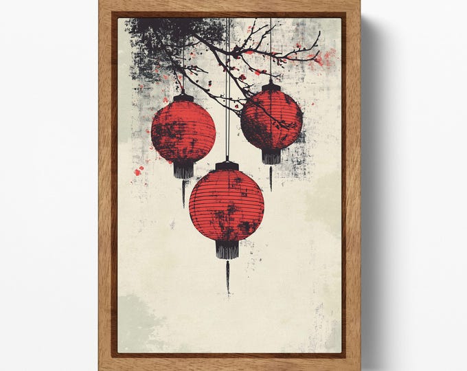 Lanterns of Tradition: A Modern Asian-Inspired Eco Leather Canvas Wall Art Print, Made in Italy!