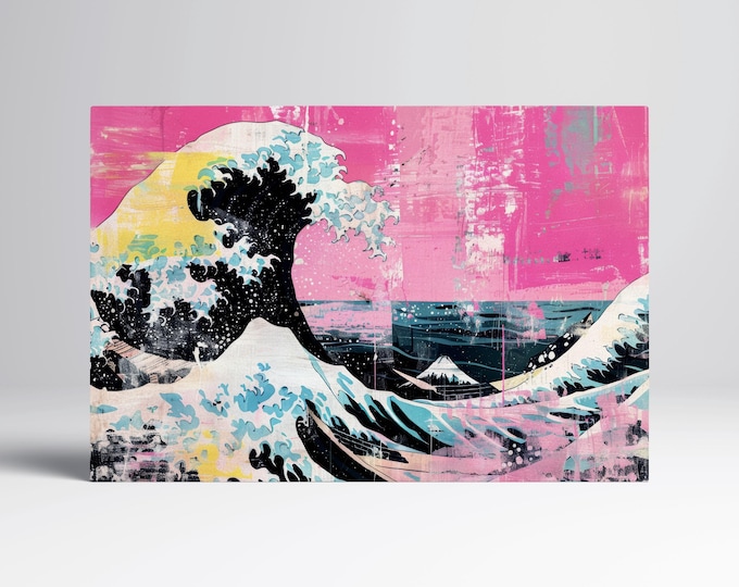 The Great Wave Off Kanagawa Punk Edition in Pink Canvas Eco Leather Print Reproduction, Made in Italy!