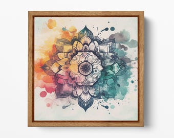 Mandala Bloom Watercolor Wall Art Canvas Eco Leather Print, Made in Italy!