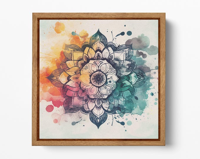 Mandala Bloom Watercolor Wall Art Canvas Eco Leather Print, Made in Italy!