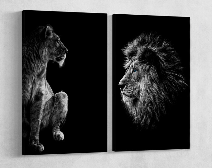 Blue Eyes Lion and Lioness Portrait Leather Print/Large Lion Print/Large Lioness Print/Large Wall Art/Made in Italy/Better than Canvas!