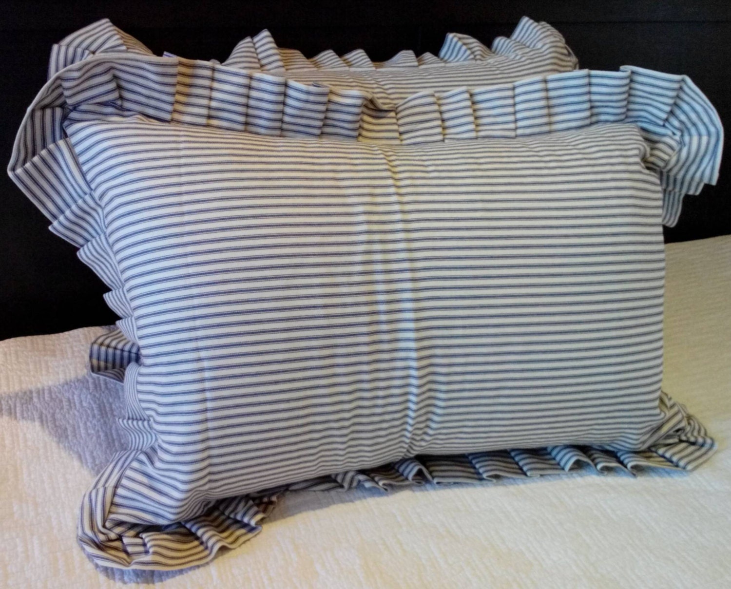 Set of 2 Standard Ticking Pillow Shams in Blue Ticking Pillow Etsy