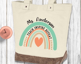 Personalized Teacher Tote Bag, Boho Rainbow School Teacher Bag, Custom Teacher Tote Bag, Gift for Teacher Appreciation End of The Year Gift