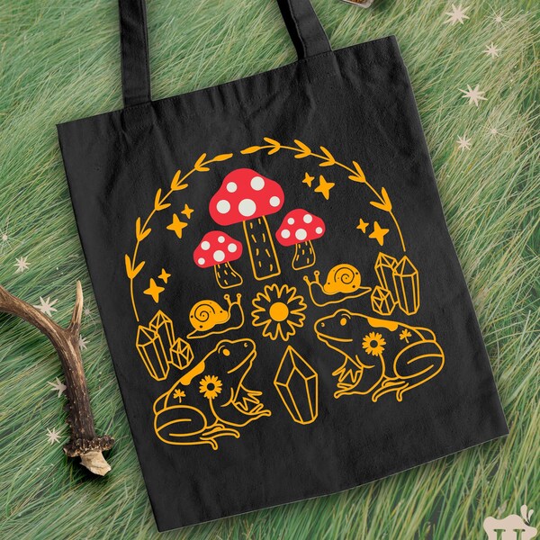 Merry Mushroom Tote Bag, Dark Cottagecore Cotton Tote, Eco Friendly Celestial Shopping Bag with Tarot Healing Crystals and Snails Frog Tote