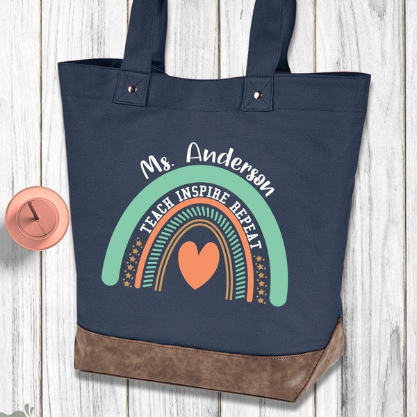 Personalized Teacher Sturdy Canvas Tote Bag, Boho Rainbow School Teacher Bag, Custom Teacher Tote Bag, Christmas Gift for Teacher Tote Bag