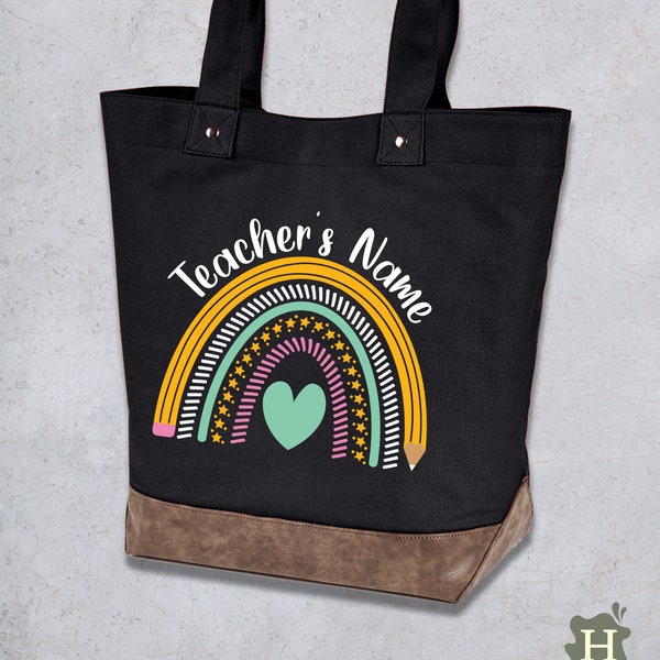 Custom Tote Bag for Teacher Personalized Boho Rainbow School Teacher Bag Gift for Teacher Your Text Here School Bag Add Your Own Text Bag