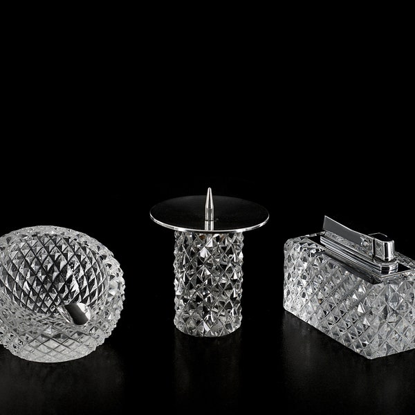 Vintage German MYFLAM 1960-70s Mid Century Diamond Glass With Sterling Silver Smoking Set Ashtray Lighter Candle Holder Excellent Condition