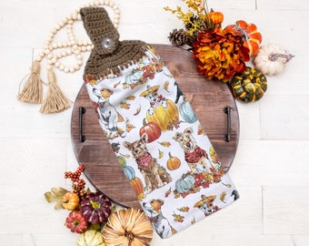 Fall dog hanging kitchen towels with loop, Cute Fall Kitchen Decor, Dog Kitchen Hand Towels with Crochet Topper