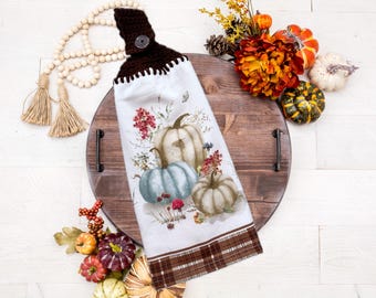 Fall Hanging Kitchen Hand Towels, Fall crochet top hanging oven towel, Handmade Fall Pumpkin hand towel with crochet top, Thanksgiving Decor