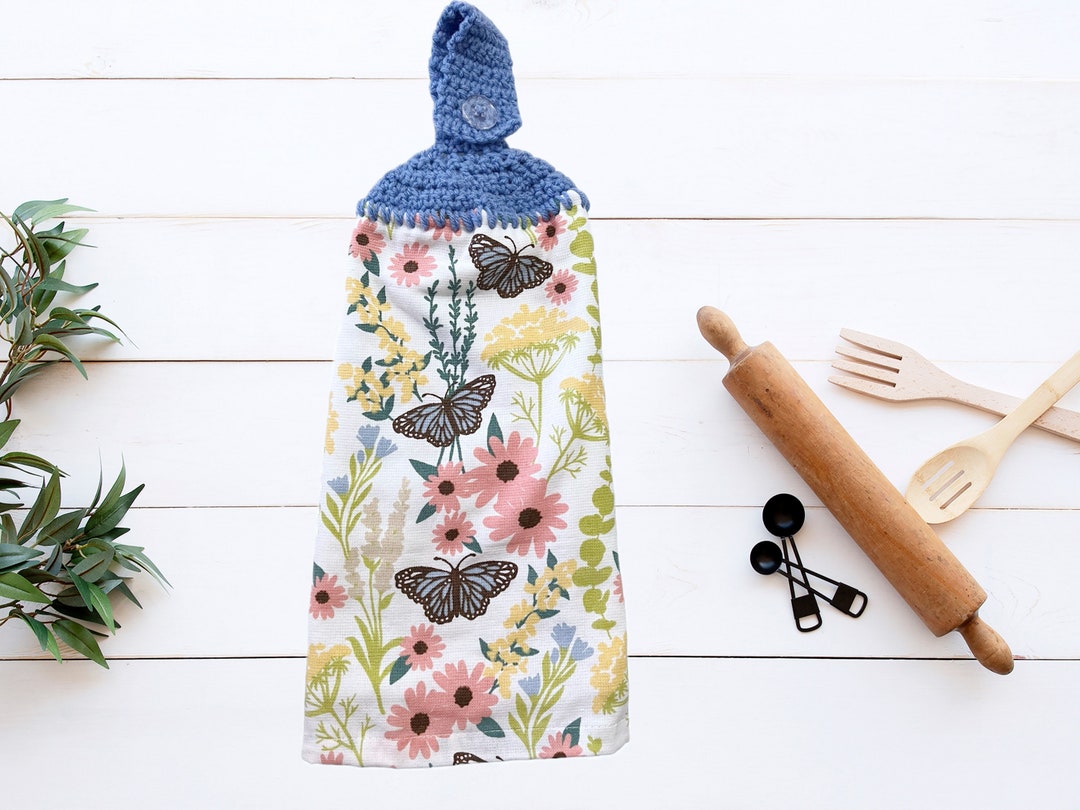 Decorative Spring Hand Towels, Blue Floral Kitchen Towel With Button Loop, Mothers Day Gift