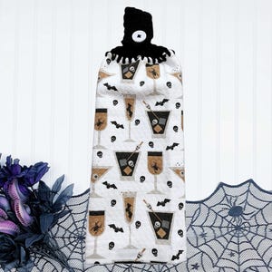 Halloween crochet top kitchen towels, Double layer Halloween crochet kitchen towels with topper, Skeletons and Spiders dish towels