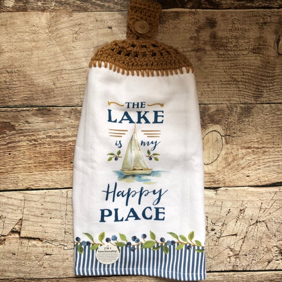 Cabin Go Jump In A Lake Woods Outdoors Hanging Crochet Top Kitchen Towel w Cabin Go Jump In A Lake Woods Outdoors Hanging Crochet Top Kitchen Towel w