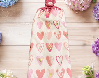 Crochet Top Kitchen Towel, Valentine Hearts Cotton Hand Towel