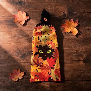 Cat Halloween hanging kitchen towel with crochet topper, Cat Kitchen towel with button loop, unique cat halloween kitchen gift