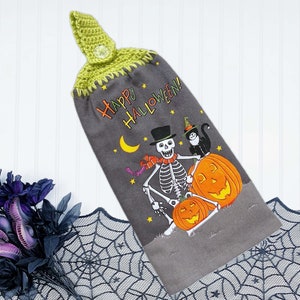 Skeleton Cat Halloween Kitchen Towel: Cotton Hanging Hand Towel