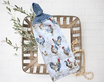 Farm kitchen towel, farmhouse crochet topper towel,  kitchen towels with button loop, crochet hanging kitchen towel