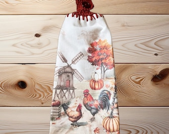 Fall Chicken kitchen towel, farmhouse crochet topper towel,  kitchen towels with button loop, extra wide terry lined kitchen towel