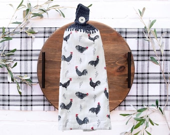 Rooster kitchen towel, farmhouse crochet topper towel,  kitchen towels with button loop, crochet hanging kitchen towel
