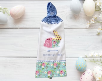 Easter hanging kitchen dish towels with crochet topper, Easter home decor