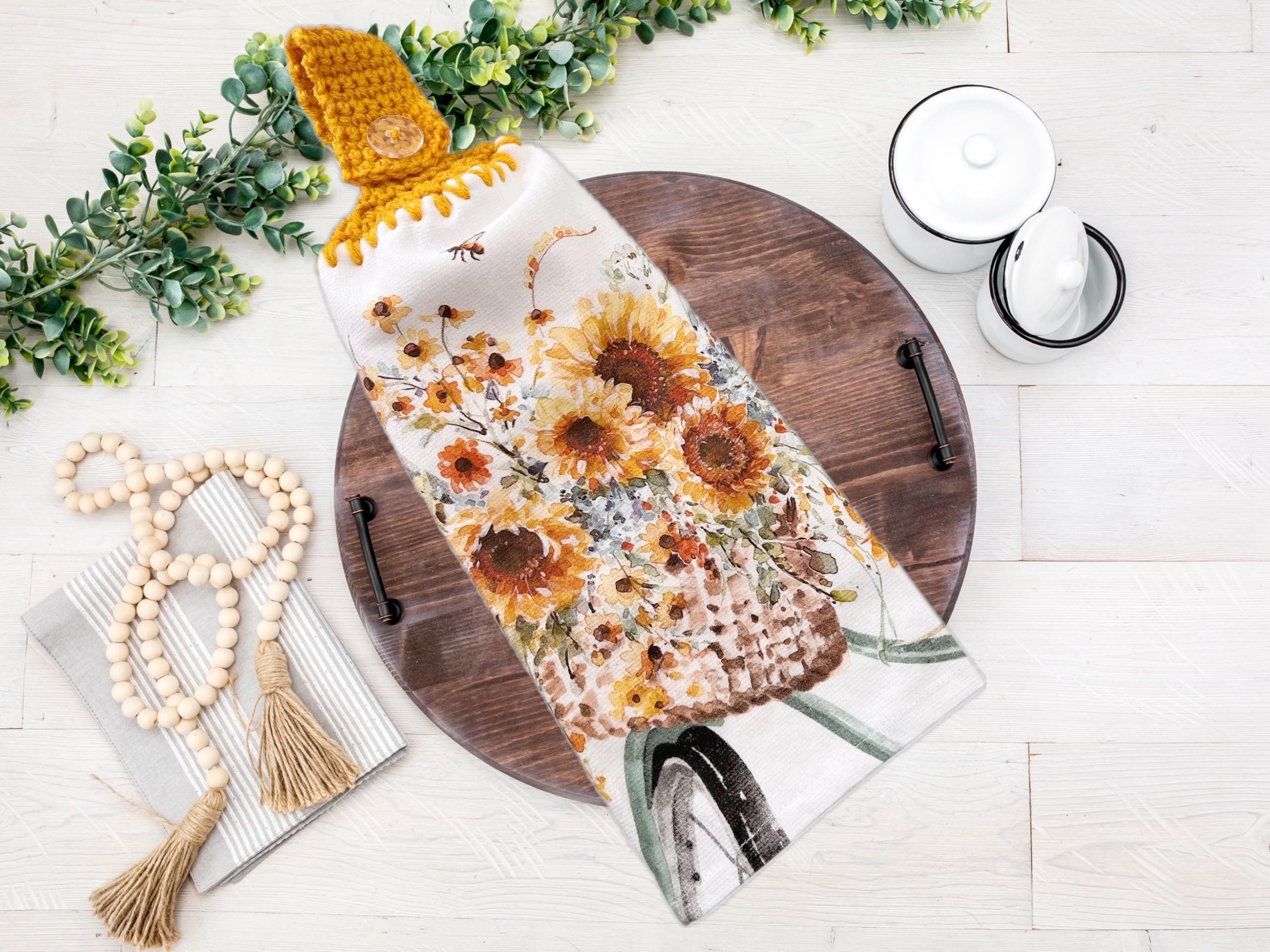 Fall Sunflower hanging dish towel, crochet dish towel, Hanging kitchen towel, crochet hanging kitchen towel, double layer kitchen towel