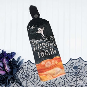 Halloween Hanging Kitchen Hand Towels, Spooky Hanging Towels, crochet top dish towel with button loop