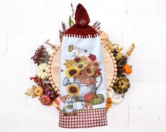 Gnome Fall Kitchen Towels with crochet top, Fall Hanging Hand Towel, Fall Sunflower Hanging Dish Towels, Autumn Kitchen Towels