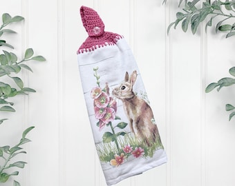 Hanging kitchen hand towels with crochet toppers, Easter home decor