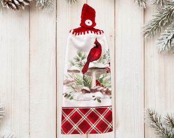 Winter Kitchen Towel with button, Cardinal Hand Towel with Crocheted Topper, Christmas Cardinal gifts, Mushroom Kitchen Towel
