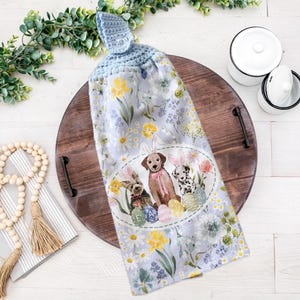 Easter hanging dish towel with crochet top, Easter home decor, Spring Kitchen Dish Towels, Crochet Top Easter Towels, Dog Kitchen Towels
