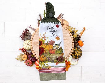 Fall kitchen towels with button top, double thick kitchen towel, crochet hanging kitchen towel