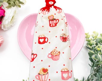 Valentine Kitchen Coffee Cup Hand Towel with Red Crochet Top, Valentine Double Kitchen Towel with terry lining