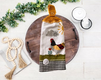 Hanging towel, farm animal hanging towel, farmhouse crochet top towel,  kitchen towel, crochet hanging kitchen towel, chicken towel, towel