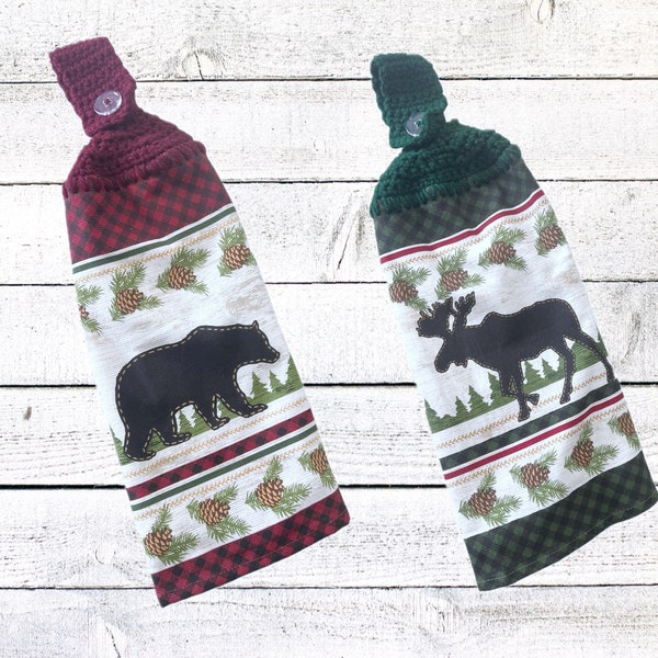 Moose towel, moose dish towel, bear towel, bear decor,moose Hanging kitchen towel, crochet hanging kitchen towel, double layer kitchen towel