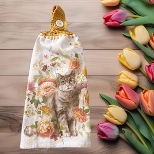 Cat Floral Kitchen Hanging Towel, Crochet Button Top Dish Towel