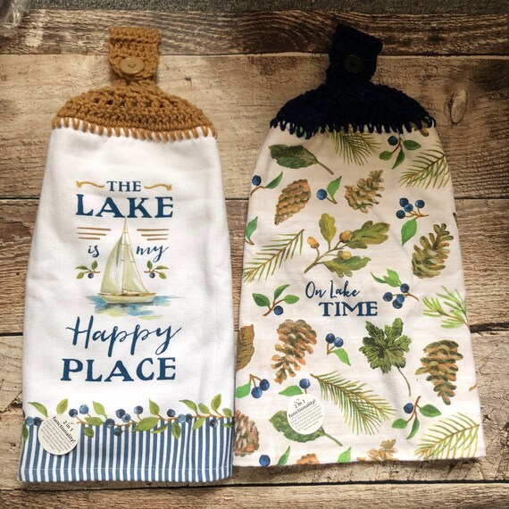 Cabin Go Jump In A Lake Woods Outdoors Hanging Crochet Top Kitchen Towel w Cabin Go Jump In A Lake Woods Outdoors Hanging Crochet Top Kitchen Towel w
